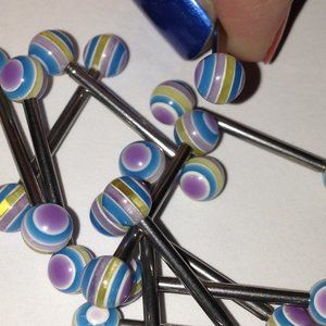 14 Gauge Lavender, Aqua Blue, Clear, and Yellow striped Tongue Ring